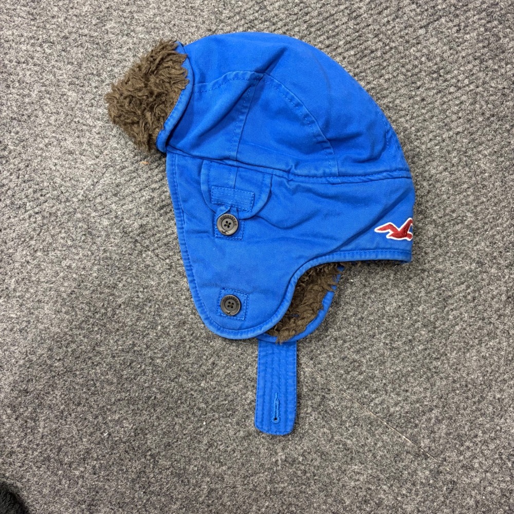 Hollister California Mens Blue Trapper Hat Faux Fur Lined Aviator Winter Cap